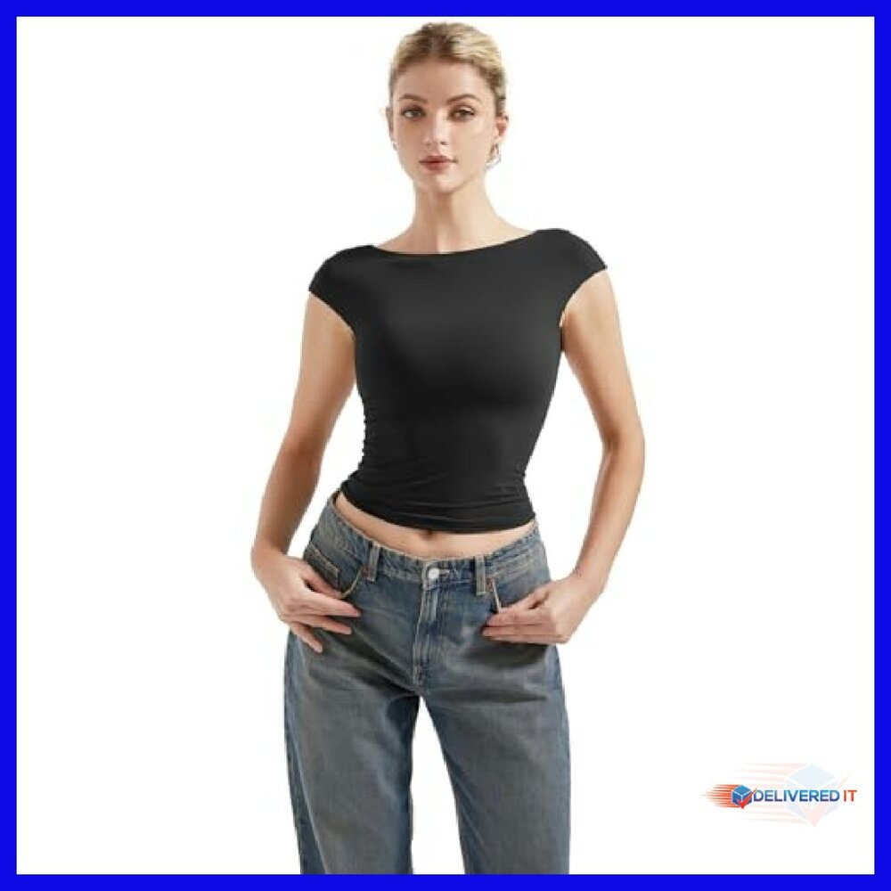 Double Lined Backless Crop Top Y2K Basic Tee Slim… - image 4
